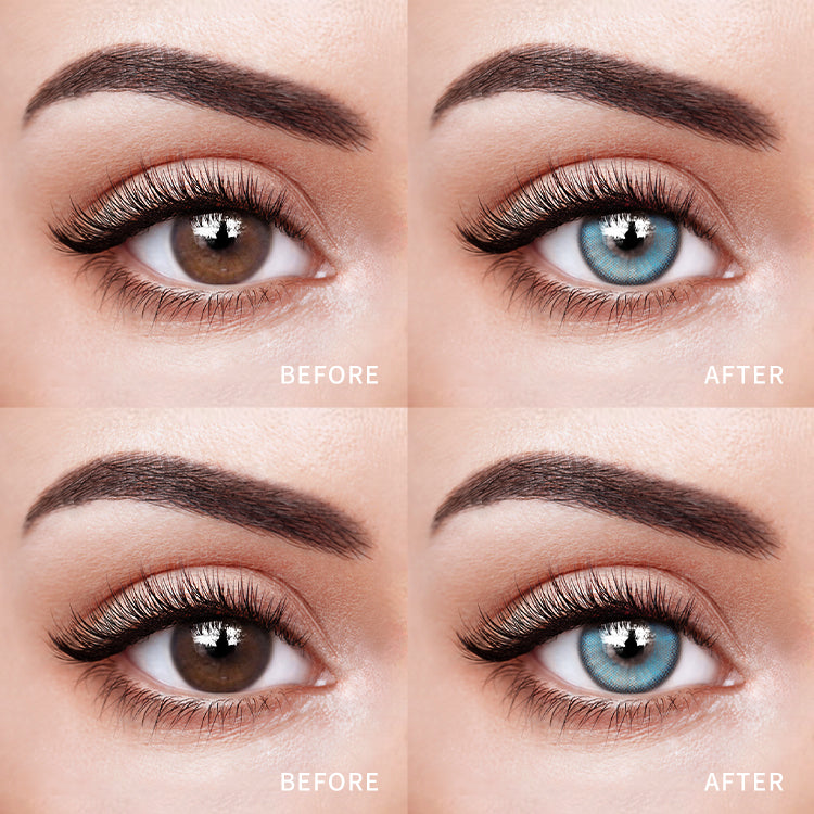 The before and after comparison of wearing Topaz Blue Contact Lenses.